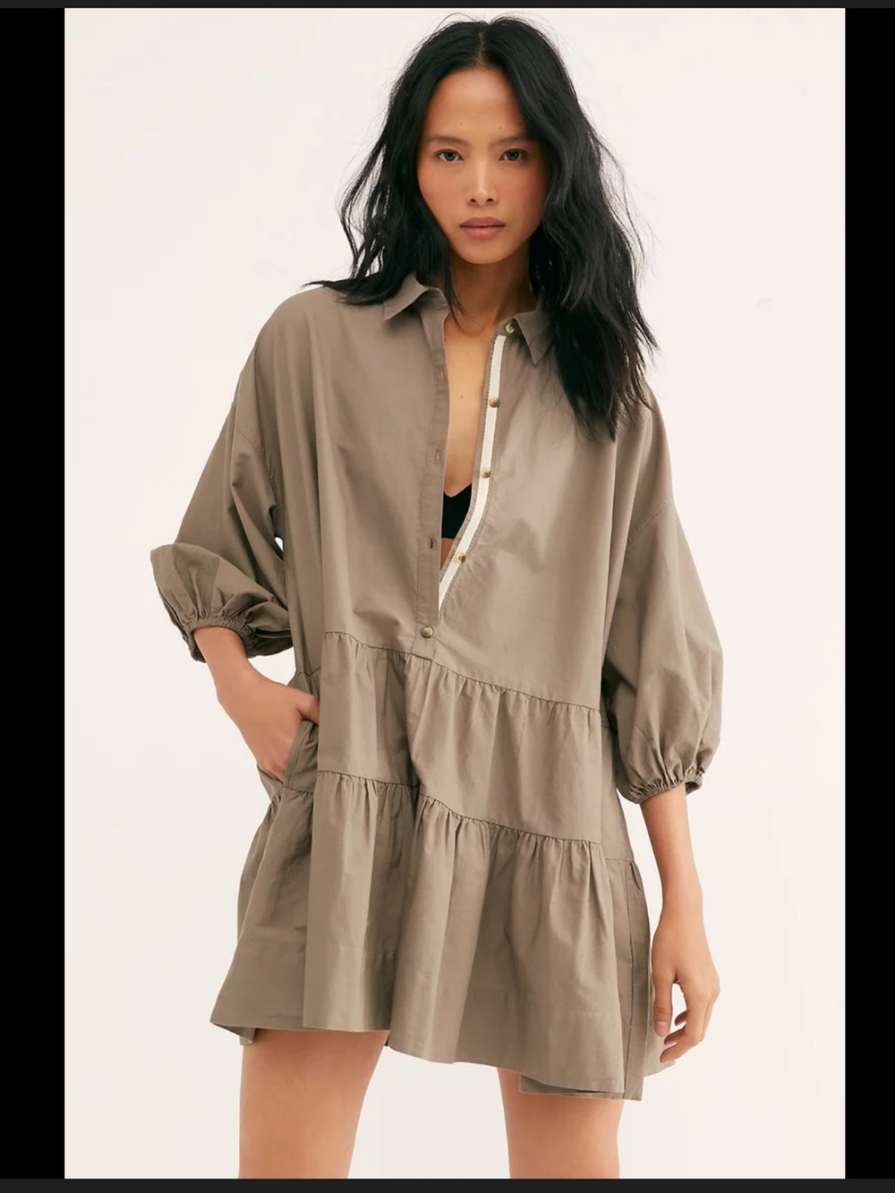 Free People Misha Tiered Poplin Tunic Dress in Light Taupe